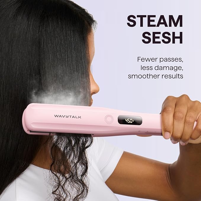 Wavytalk Steam Sesh Hair Straightener, Steam Reduces Damage, Nourishes Hair, and Expedites Straightening, 1.38'' Nano Titanium Flat Iron with Detachable Comb for Silk Press Smoothing & Blowout, Pink
