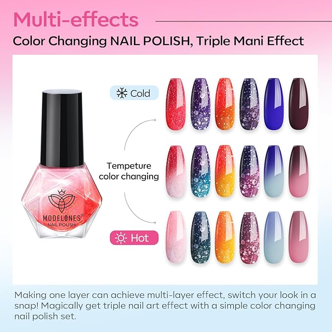 modelones Color Changing Nail Polish Set, 6 Colors Winter Pink Blue Purple Orange Neon Mood Temperature Change Ombre Quick Dry Mini Manicure Kit DIY Nail Art Salon Gifts For Women Girls