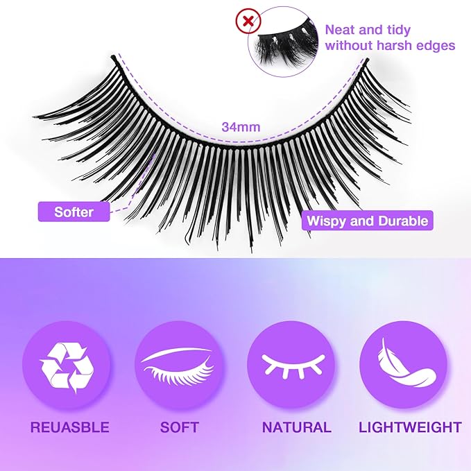 Wispy False Eyelashes Kit With Bond, Seal and Tweezer, 7 Pairs Natural Look Fake Cat Eye Lashes Strips Thin Band Extensions Waterproof Easy Eyelashes for Beginners DF2