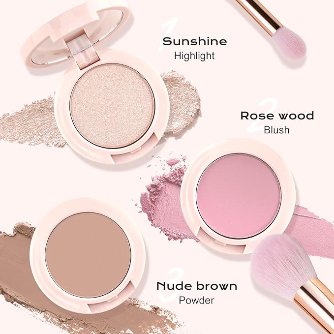Color Nymph 3 Colors Contour Blush Highlighter Makeup Palette, Travel Size Make up Kit, Blush & Highlighter & Contour Powder Palette, Includes Brush and Mirror, Stacked Makeup Design (Pink)