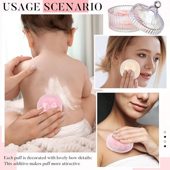 Tioncy 3 Pcs Large Body Powder Puff and Container Powder Container with Puff Crystal Case Soft Washable Reusable Velour Face Body Glitter Wet Dry Makeup(Simple,Dazzling)