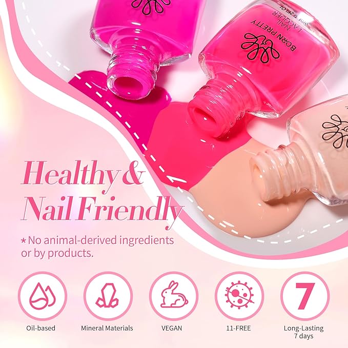 Born Pretty Pink Nail Polish Set Fingernail, 15 Colors Natural Pink Nude Neon Pink Hot Pink Bright Summer Quick Dry Nail Lacquer Glossy Nail Polish All Seasons Manicure Suitable Wedding Holiday