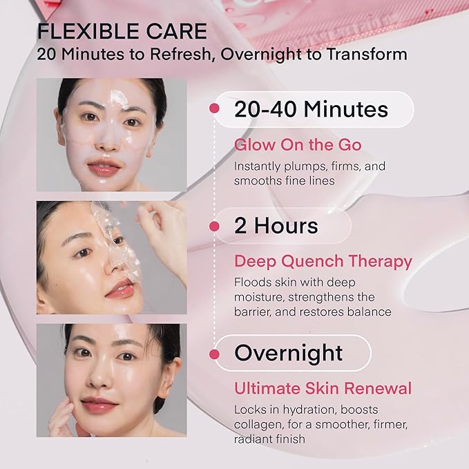 TEREZ & HONOR Collagen Face Mask: Korean Real Deep Bio Hydrogel Overnight Masks for Deep Hydration, Glowing, Pore Minimizing, Elasticity, 4 x 33g Fragrance-Free, 100 Da Ultra-Low Molecular Collagen
