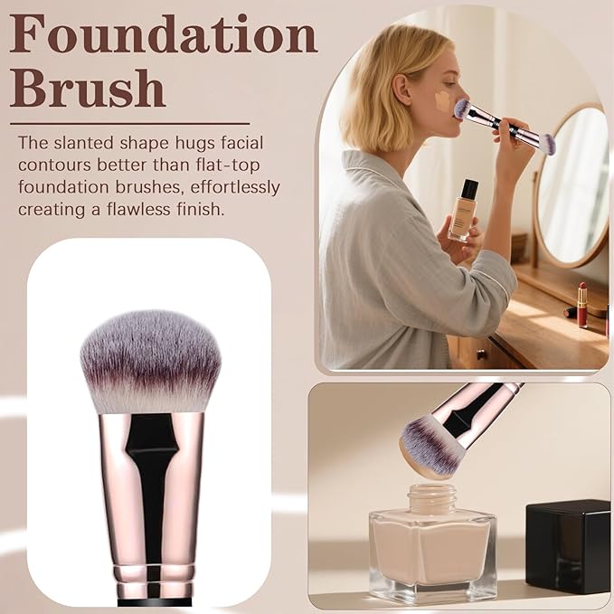 Dual-Ended Foundation Contour Brush - Professional Kabuki Face Blending Makeup Brush for Bronzer, Liquid, Cream, Powder, and Blush