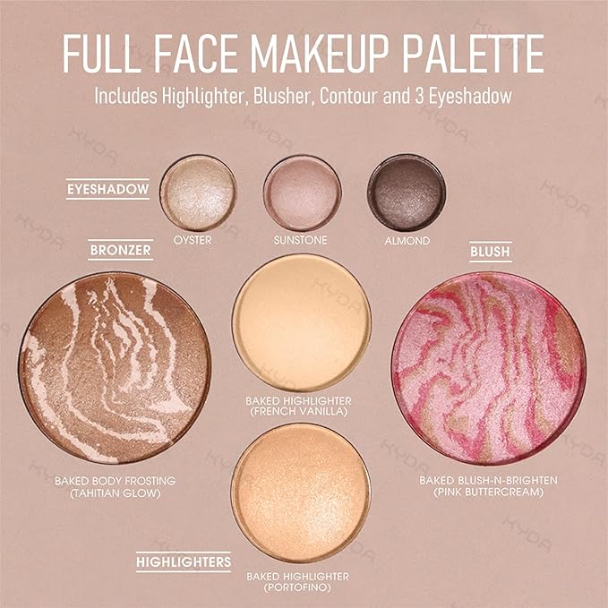 KYDA Baked Makeup Palette, Full Size Baked Palette Compact Includes Bronzer, Blush, Highlighters and 4 Eyeshadows, Travel-Friendly Baking Makeup, Highly Pigmented, Long-Wearing