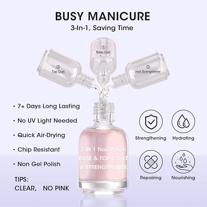 Gellen 3-In-1 Clear Nail Polish Base Top Coat & Strengthener, Sheer Nail Polish Hydrates Strengthens Nourishes Weak Damaged Dry Nails, Keratin & Vitamin E Formula, Hema Free, Non-toxic, Anti-yellowing