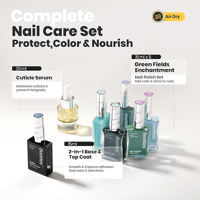 Beetles Green Nail Polish Set, 7 Pcs 5 Colors Light Green Blue Fingernail Polish, Cuticle Oil with 2IN1 Base&Top Coat Long Lasting Quick Dry Nail Polish Gfit Sets For Women