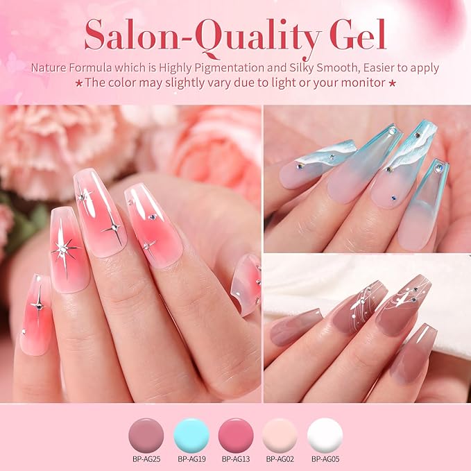 Born Pretty Jelly Gel Nail Polish Sheer Clear Nude Pink Red Brown Gel Polish Set Transparent Translucent Gel Polish with Glossy Matte Top Coat Base Gel Manicure Christmas Day Gifts 39PCS