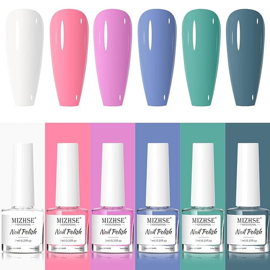 MIZHSE Quick Dry Nail Polish Set, Regular Nail Polish 6 Classic Colors of Milky White Pink Purple Blue Green, Air Dry Nail Lacquer Fingernail Polish for Women, Manicure DIY Nail Art Salon Ideal Gift