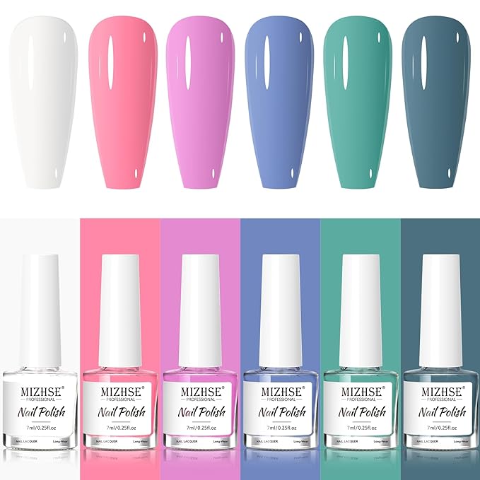 MIZHSE Quick Dry Nail Polish Set, Regular Nail Polish 6 Classic Colors of Milky White Pink Purple Blue Green, Air Dry Nail Lacquer Fingernail Polish for Women, Manicure DIY Nail Art Salon Ideal Gift