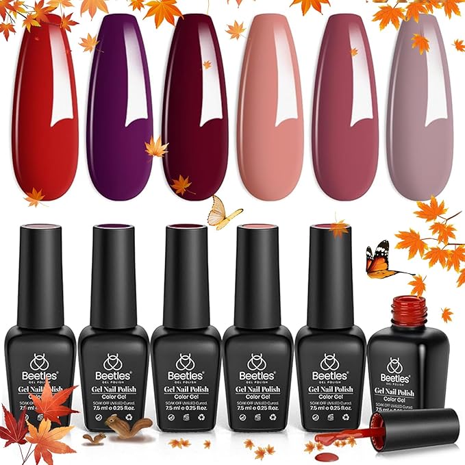 beetles Gel Polish Set - 6 Pcs Burgundy Red Purple Brown Nail Gel Polish Kit for Glamour, Wine Red Brown Lilac Sangria Gel Polish Soak Off UV LED Nail Lamp Fall Winter