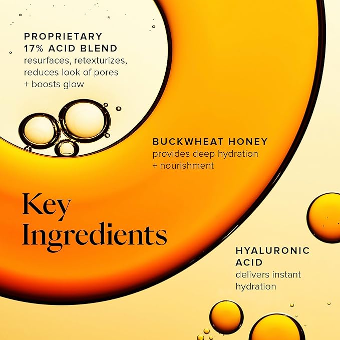 Farmacy Face Exfoliator Serum - Honey Glow 17% AHA + BHA Liquid Exfoliant & Salicylic Acid Serum - Resurfacing Skin Care for Reduced Pores + Texture - Hydrates Skin for an Overall Glow (30ml)