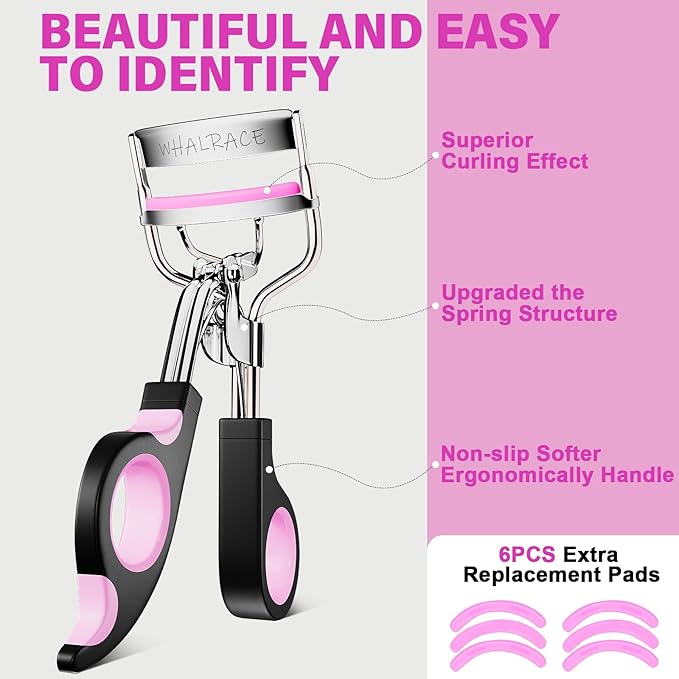 Eye Lash Curler with 6PCS Extra Replacement Strips, Whalrace Superior Curling Effect Eyelash Curlers, Easy & Comfortable to Grip and Use-Gpink