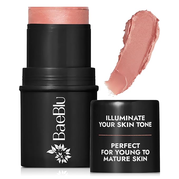 BaeBlu - Organic Blush Tube, Rose - 100% Natural Vegan Cream Blush Sticks, Multi-Use Bronzer, & Highlighter for Lips, Cheeks & Eyes, Buildable Shimmer, Gluten-Free, Paraben-Free, Made in USA