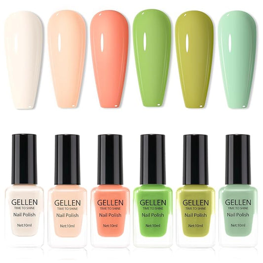 GELLEN Spring Summer Regular Nail Polish Non Gel, Fast Air Drying Traditional Nail Polish No UV Light Needed, Nude Green Set for Women Manicure Home Salon St. Patricks Day, Hema Free, 10ml
