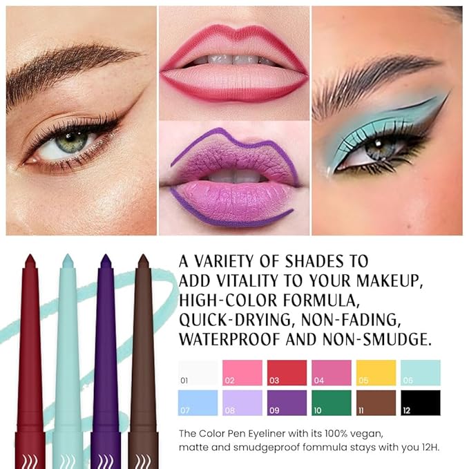 evpct 12Pcs Colored Matte Gel Eyeliner Pencils Set for Women, Green Blue White Black Auburn Yellow Orange Eyeliner Waterline Waterproof lapiz de ojos delineador de ojos contra el agua eye liner Makeup