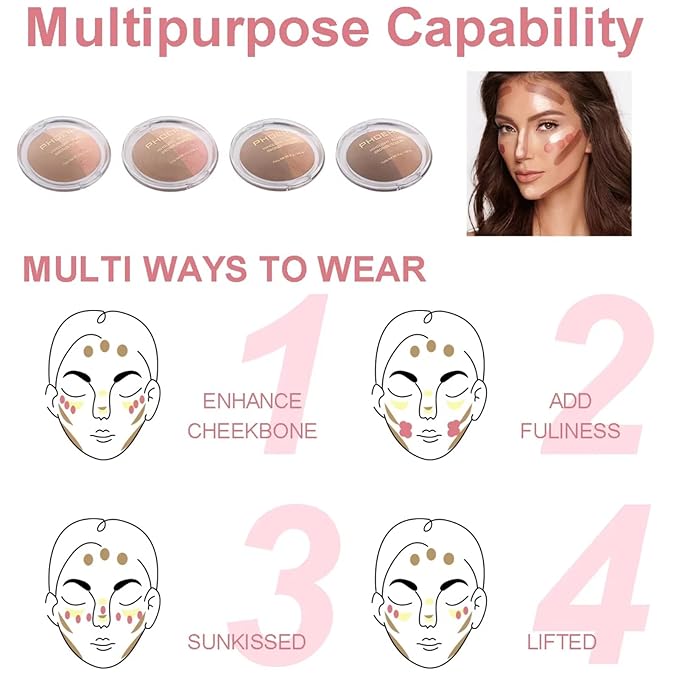 Baked Blush Highlight Bronze Powder 3-in-1 Contour Palette Sculpt Satin Silky Smooth Makeup Palettes Powder (004-Deep)