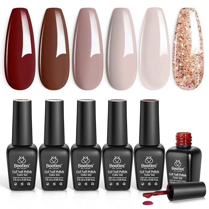 Beetles Fall Gel Nail Polish - 6 Colors Burgundy Brown Neutral Grey Plum Gel Polish Set Soak off UV Light for Easy DIY Nail Art Salon Home Design Gifts for Women
