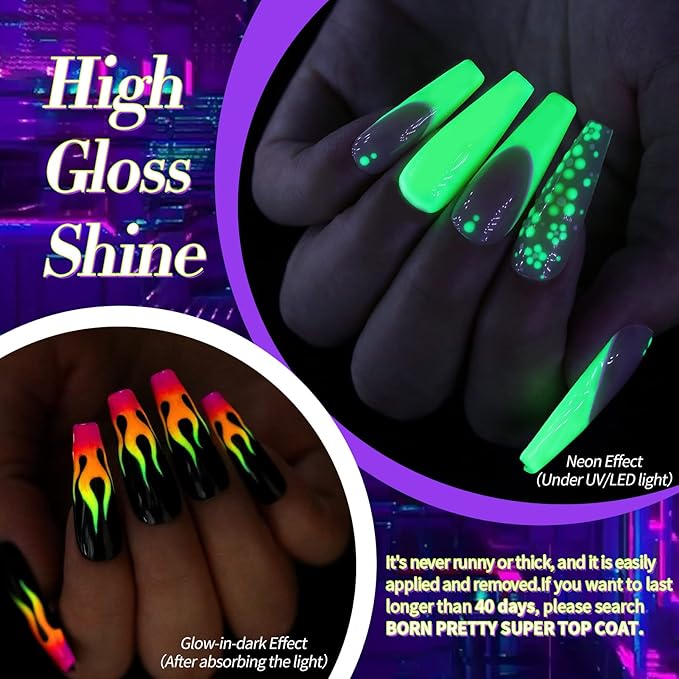 Born Pretty Neon Gel Nail Polish Set 6 Colors Halloween Luminous Glow in Dark Gel Polish Fluorescent Orange Hot Pink Blue Yellow Green Purple Gel Nail Polish Set 7ML