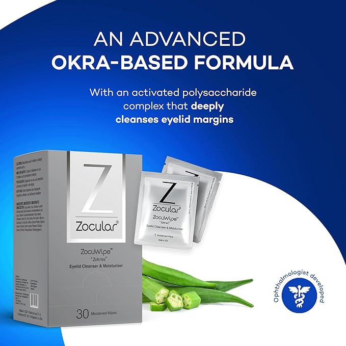Zocular - Zocuwipe Eyelid Wipes with Natural Okra Complex - Eyelid Cleanser and Moisturizer Pads - Eyelid Cleansing Wipes - Blepharitis Treatment - 40ct