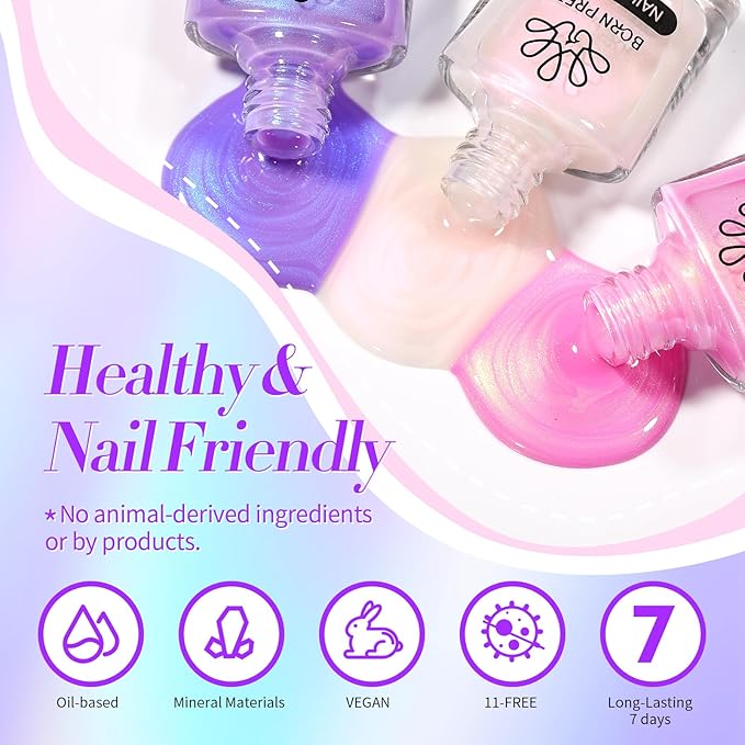 Born Pretty Pearl Nail Polish Set, 6 Colors Ombre Pearl Shimmer White Pink Purple Mermaid Nail Polish Quick Dry Spring Summer Finger 10ml 0.34oz Shell Glitter Nail Lacquer Set