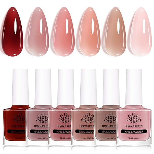 Born Pretty Jelly Nail Polish Set, 6 Colors Burgundy Red Brown Nude Pink Natural Colors Quick Dry Nail Polish Sheer Transparent Fall Winter Fingernail Polish for DIY Nail Art Salon Home Gifts