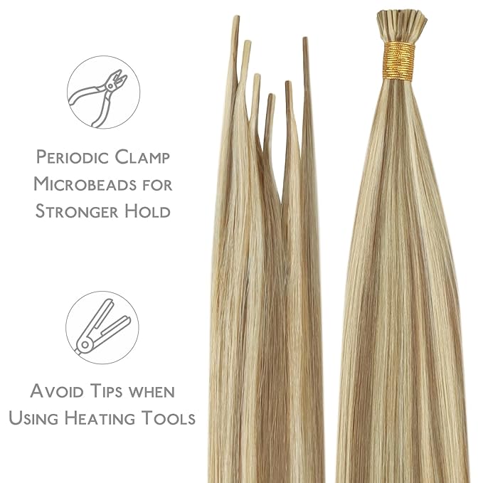 WENNALIFE I Tip Hair Extensions Human Hair, 50g 100s 16 Inch Ash Brown Highlighted Golden Blonde Remy Itip Human Hair Extensions Invisible Itips Straight I Tips Fusion Extensions Real Human Hair