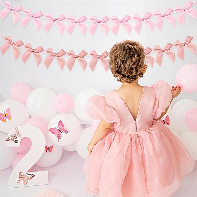 2pcs Bow Garland Banner, Ribbon Bow Party Decorations for Baby Shower Girls Bow Coquette Birthday Party Decor (Peach Pink+Pink)