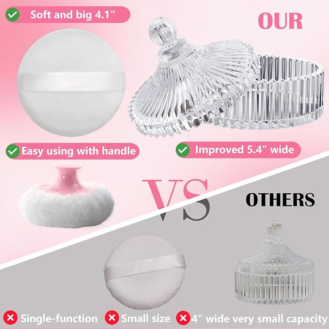 Large Body Powder Puff and Container Set - Velour, Dusting Powder Puffs for Women Baby and Loose Powder Containers for Face & Body, Washable, Reusable, Wet Dry Makeup