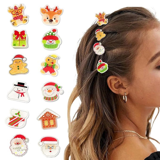 12 Pcs Christmas Claw Clips,Mini Hair Clips for Women Santa Claus Xmas Hat Gift Snowman Design Strong Hold Non Slip Small Hair Claws for Thick and Thin Hair Hairstyles