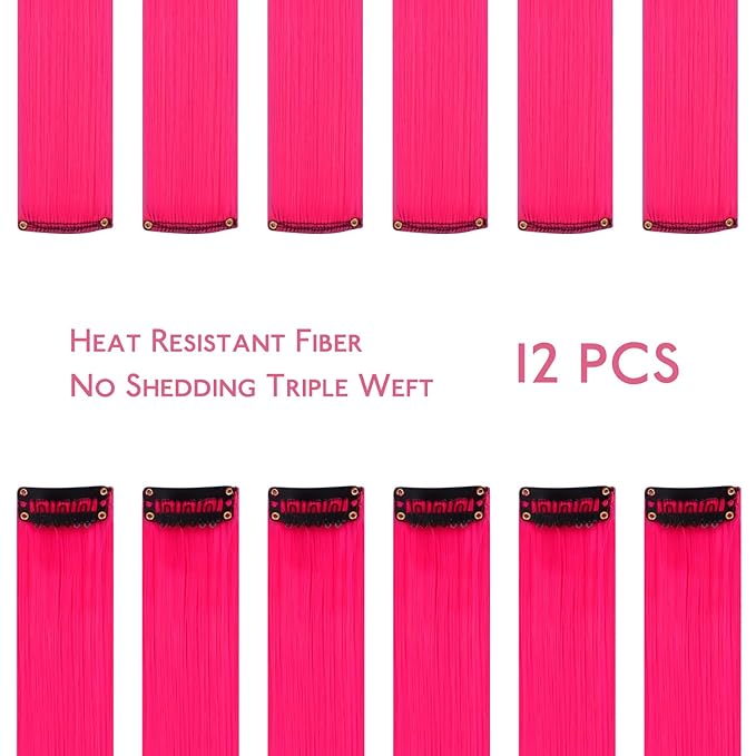 WENNALIFE 12 PCS Hot Pink Hair Extensions Clip in, Colored Clip in Hair Extensions for Kids Highlights Rainbow Hair Clips for Girls Synthetic Straight Pop-up Style Colorful Girls Hair Accessories