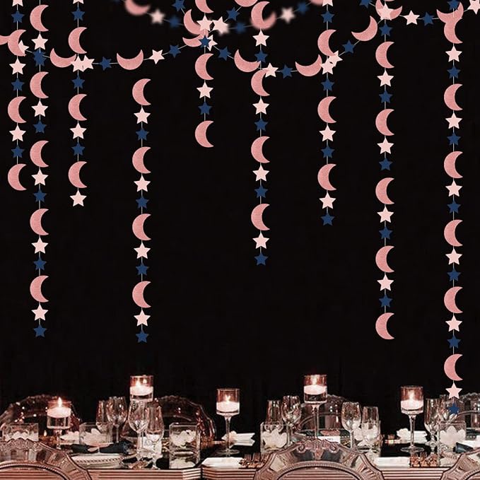 Rose-Gold Moon-Star Party Decorations Garland - 52Ft Navy Blue Pink Twinkle Little Star Hanging Decoration Streamers Banner, Eid Ramadan Mubarak Decoration Birthday Wedding Baby Shower Decor Panduola