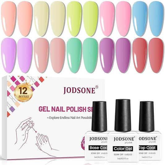 JODSONE 12 Bottles of Gel Nail Polish Set Glossy Top Coat Base Coat Gel Polish Ideal for Holiday Gift Giving