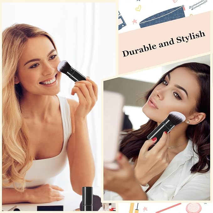 Retractable Makeup Brush, 2 Pack Kabuki Travel Powder Foundation Makeup Brush Face Blush Brushes for Blending Liquid, Blush, Bronzer, Buffing, Sunscreen,Flawless Cosmetics