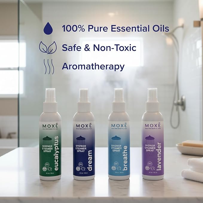 MOXE Aromatherapy Shower Mist Variety Pack, Eucalyptus, Lavender, Breathe and Dream, Spa Steam Spray, Natural 100% Essential Oils, Made in USA, Aromatherapy, Sinus Congestion Relief, 4 Pack (8oz)