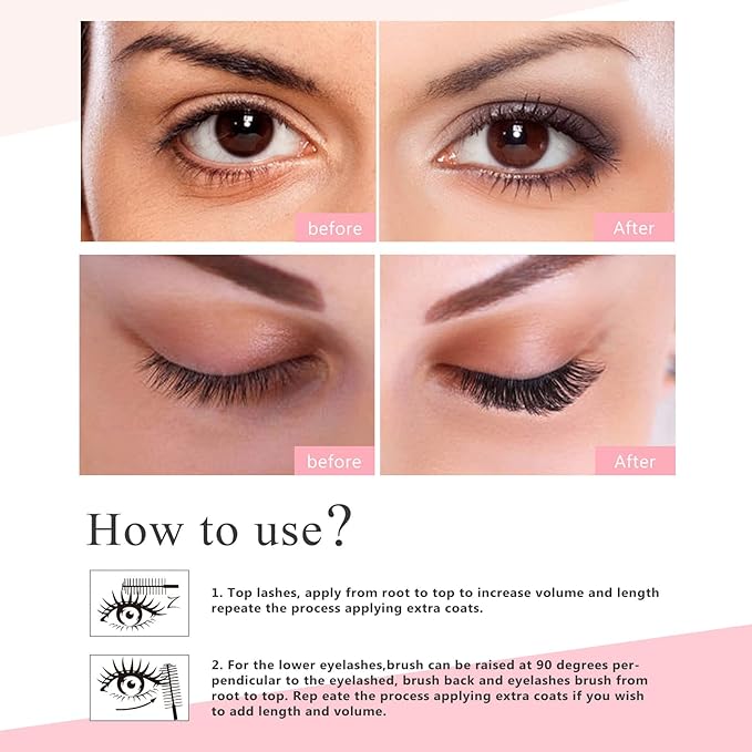 2 Pack 4D Silk Fiber Lash Mascara, Waterproof Very Black Long Lasting Mascara, Lengthening Lifting Multiplying Curling Natural Eyelash Primer Brush, Thickening Softer Lasting All Day, 2 Tube