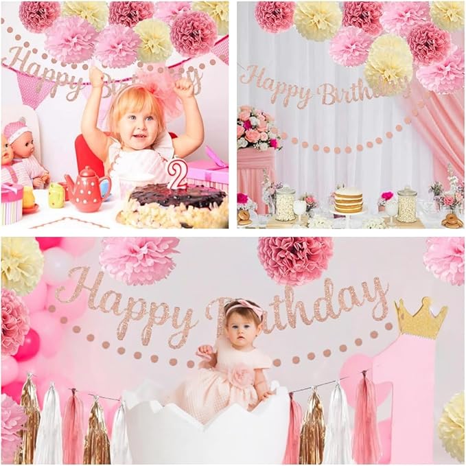 Pink Rose Gold Birthday Party Decorations Supplies Set,Happy Birthday Decoration Rose Gold Glittery Banner Tassel Garland Circle Dots Garland for Event Supplies