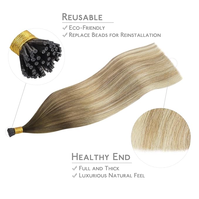 WENNALIFE I Tip Hair Extensions Human Hair, 50g 100s 14 Inch Ombre Walnut Brown to Ash Brown and Bleach Blonde Remy Itip Human Hair Extensions Invisible Itips Straight I Tips Fusion Extensions Real