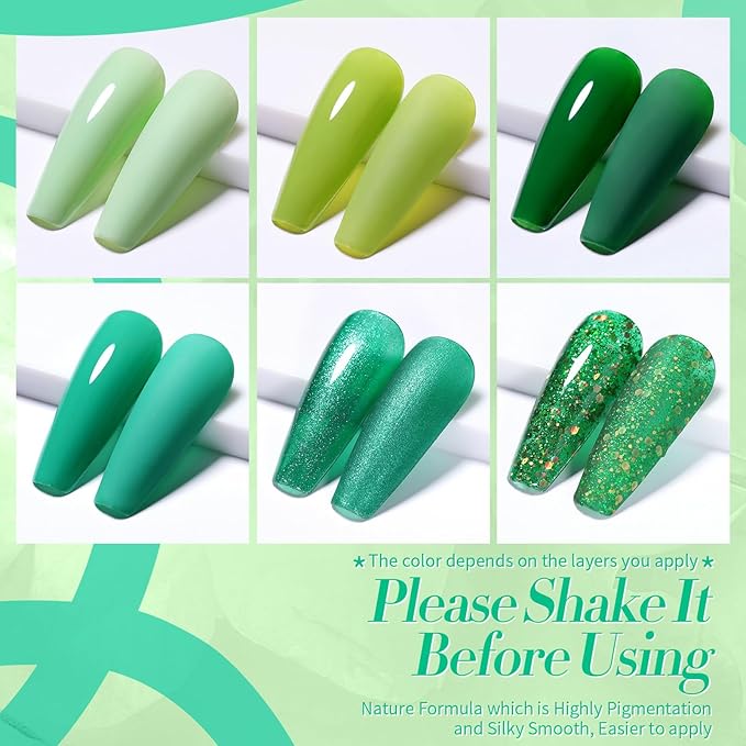 Born Pretty Green Gel Nail Polish, Christmas Carnival Evergreen Gel Nail Polish Set, Glitter Green Sparkle Gel Polish Nail Art Varnish Manicure Collection St. Patrick's Day 6PCS