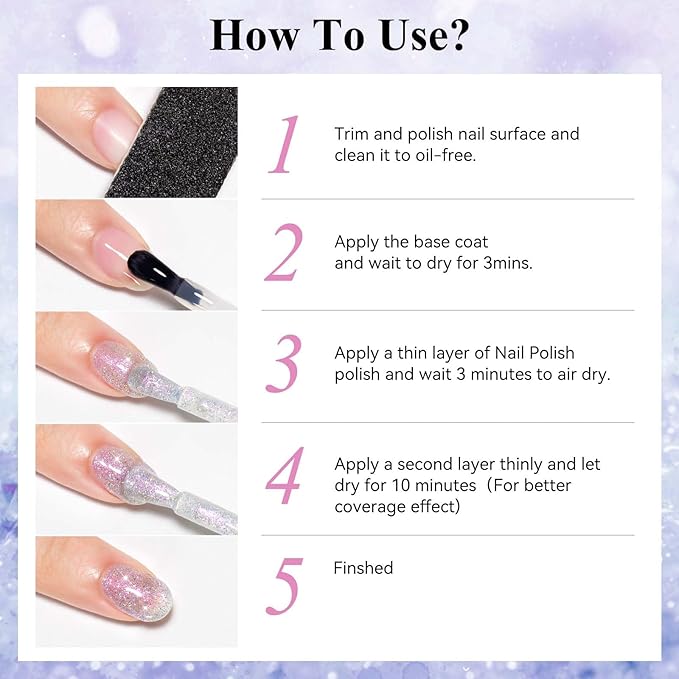 Glitter Silver Nail Polish Quick Dry, Sparkle Iridescent Nail Lacquer Air Fast Drying, Reflective Flash Long-Lasting Vegan Fingernail Polish, 12ML