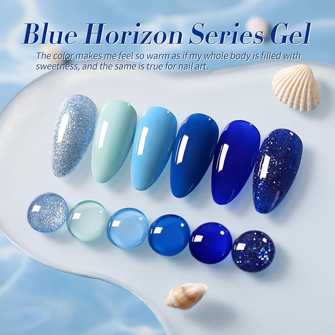 BORN PRETTY Blue Gel Nail Polish Set 6 Colors Light Blue Baby Blue Royal Blue Reflective Glitter Blue Nail Gel Kit Soak Off Nail Art Manicure Design Home Salon Holiday Gift