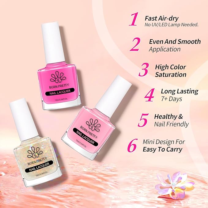 Born Pretty Pink Nail Polish Set, 6 Colors Nude Pink Hot Pink Neon Pink Glitter Nail Polish Quick Dry 10ml 0.34oz Nail Lacquer Kit for Diy Nail Art Salon Home Gifts for Women Girls