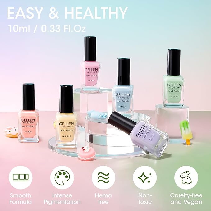 Gellen Pastel Regular Nail Polish Non Gel, Fast Air Drying Spring Summer Nail Polish No UV Light Needed Macaron 6 Colors Nude Pink Purple Blue Green Yellow Set for Women Manicure Home Salon, Hema Free