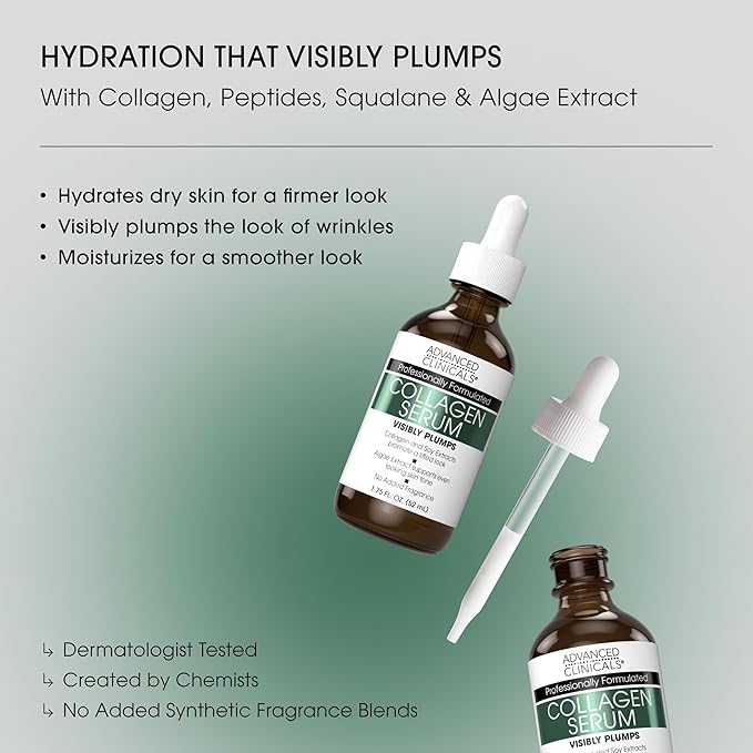 Advanced Clinicals Collagen Serum For Face | Visible Anti Aging Collagen Peptide Serum + Hyaluronic Acid Moisturizer Improves Look Of Wrinkles, Dry Skin, & Fine Lines, No added Fragrance, 2-Pack