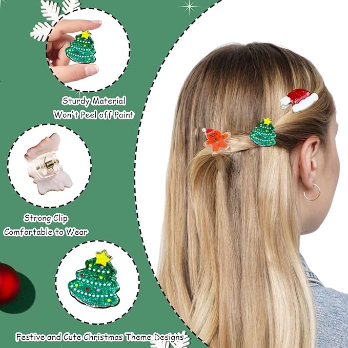 12 Pcs Christmas Hair Claw Clips Santa、Claus、Xmas Tree、House、Elk and Hat Design Small Claw Clips Strong Hold Jaw Clip Mini Hair Clips for Women Girls Hair Accessories