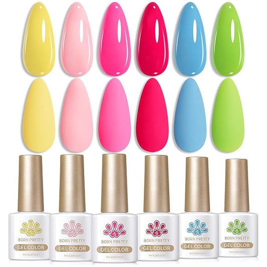 Born Pretty Neon Gel Nail Polish Spring Summer Hot Pink Green Blue Yellow Bright Rainbow Candy Sweet Color Gel Polish Kit Nail Art Manicure DIY Home Salon 6PCS
