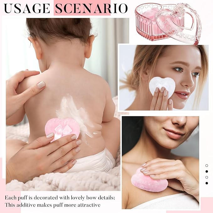 Tioncy 3 Pcs Large Body Powder Puff and Container Powder Container with Puff Crystal Soft Washable Reusable Velour Face Glitter Wet Dry Makeup(Pink,Heart)
