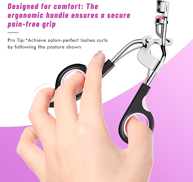 Eye Lash Curler with 6PCS Extra Replacement Strips, Whalrace Superior Curling Effect Eyelash Curlers, Easy & Comfortable to Grip and Use-Gpink