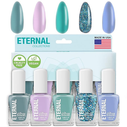 Eternal Glitter Nail Polish Set for Women (UNDER THE SEA) - Ocean Blue Nail Polish Set for Girls | Quick Dry & Long Lasting Nail Polish Kit for Home DIY Mani Pedi | Made in USA,13.5mL (Set of 5)