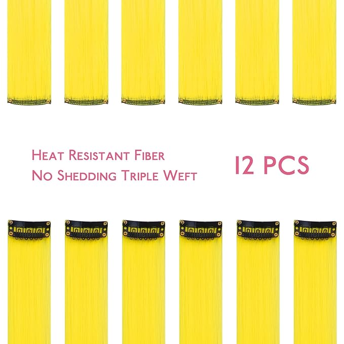 WENNALIFE 12 PCS Yellow Hair Extensions Clip in, Colored Clip in Hair Extensions for Kids Highlights Rainbow Hair Clips for Girls Synthetic Straight Pop-up Style Colorful Girls Hair Accessories